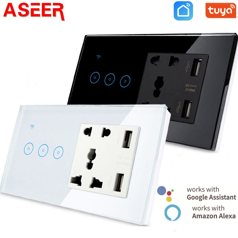 Aseer Wifi 5 Gat Universele Socket Met Usb En Smart Switch 3 Gang Muur Touch Light Switch Werken Met Alexa google Thuis 90-240V