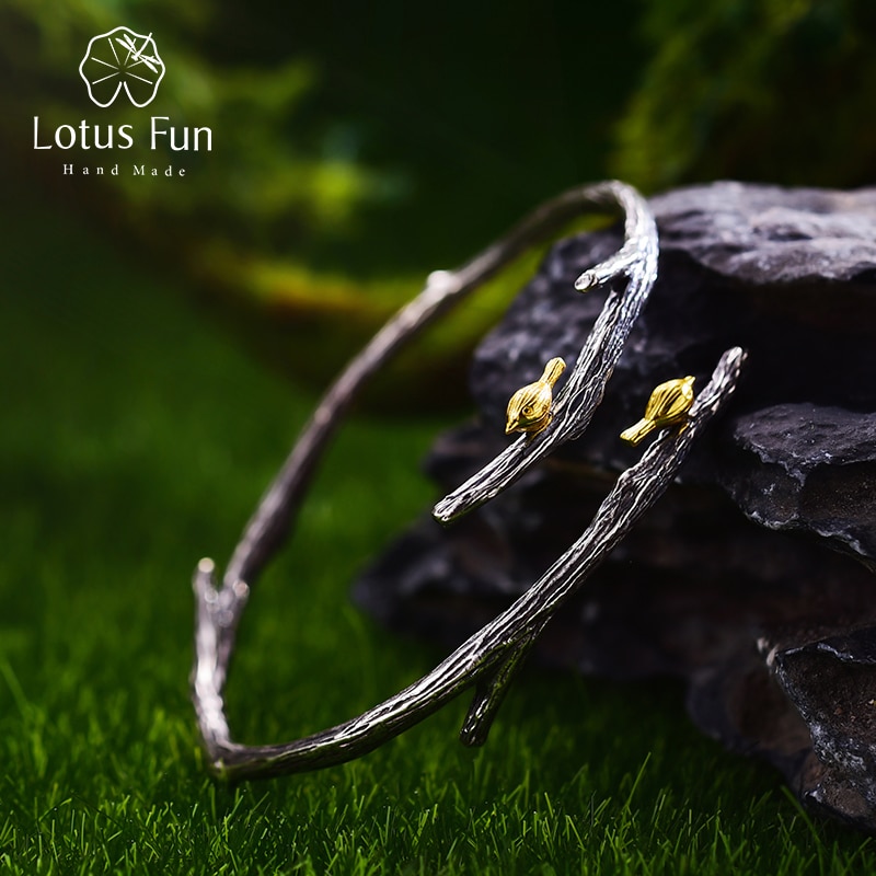 Lotus Spaß Echt 925 Sterling Silber Natürliche Original Handgemachtes Feine Schmuck Vogel auf Zweig Einstellbare Armreif für Frauen Bijoux