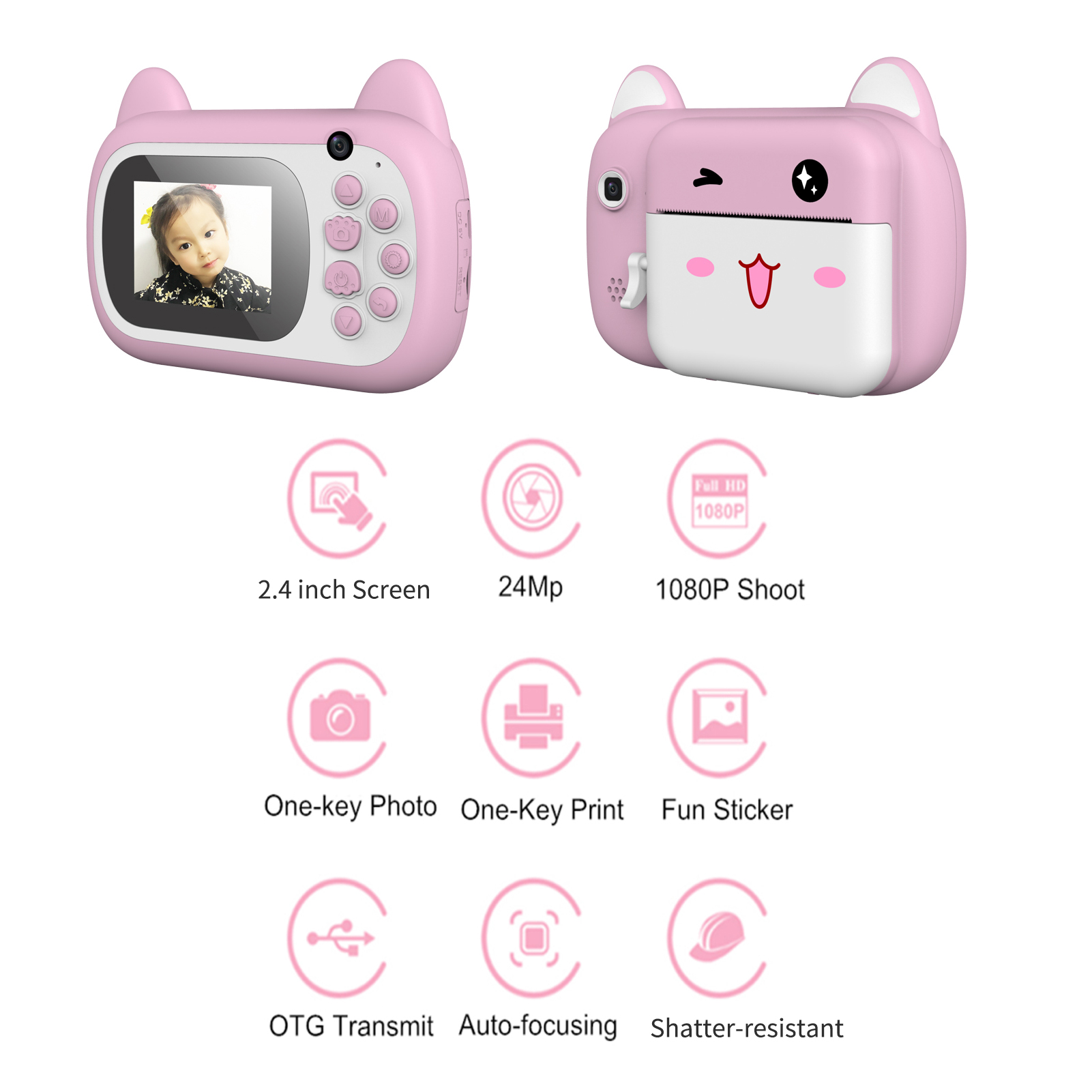A7 Kids Camera 1080P Digital Instant Camera Photo Printer with 24Mp Dual Cameras 2.4inch Camera Print 32G TF Card for Children