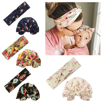 2 stk/set Moeder Baby Tulband Mama En Me Bijpassende Hoofdband Moeder Dochter Konijnenoren Hoofdbanden Bloemenprint Haaraccessoires