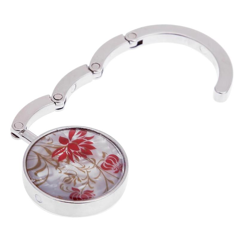 Gancho Metálico Redondo y Plegable para Colgar en la Mesa, 1 Unidad, Soporte con Dibujo de Flores y Aleación de Cristal, Colgador en Suspensión Portátil para un Objeto o para Bolso de Mano