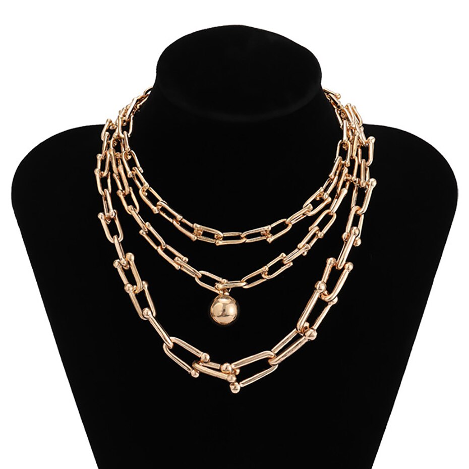 Punk Boho Kubanischen schwer Metall Kette Halskette Steampunk Männer Felsen mehrschichtig Große Perlen Anhänger Halsband Halskette Frauen Charme Schmuck: Gold Farbe