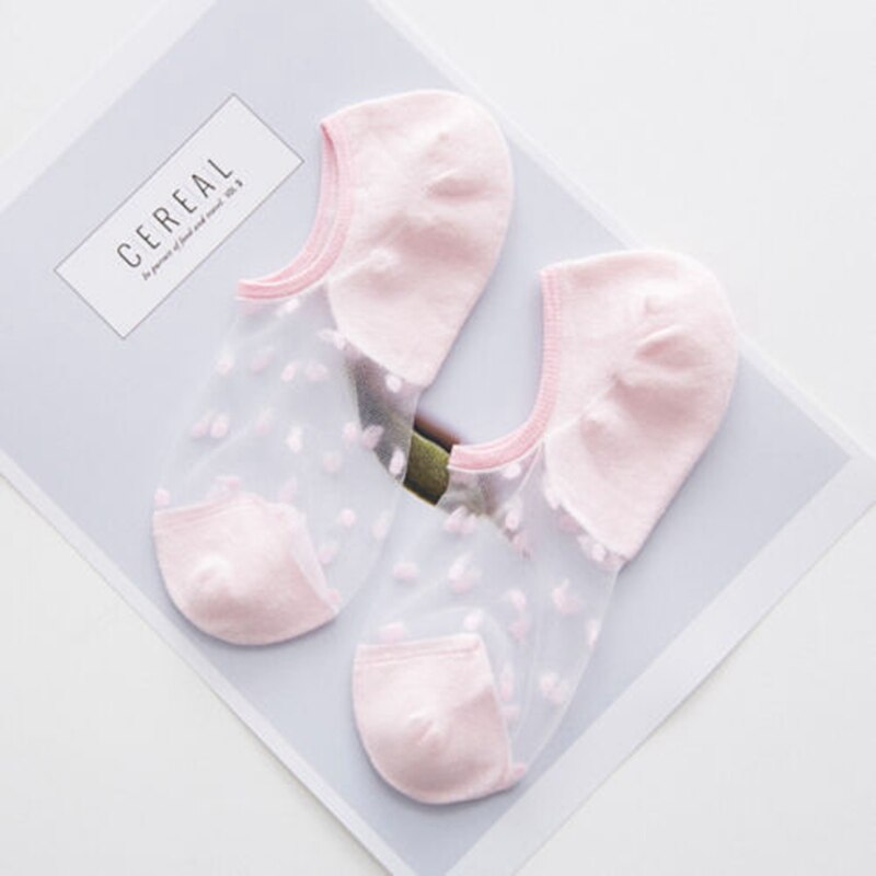 Women Lace Socks Crystal Glass Silk Knit Girl Dot Print Transparent Summer Invisible Sock Slippers: Pink