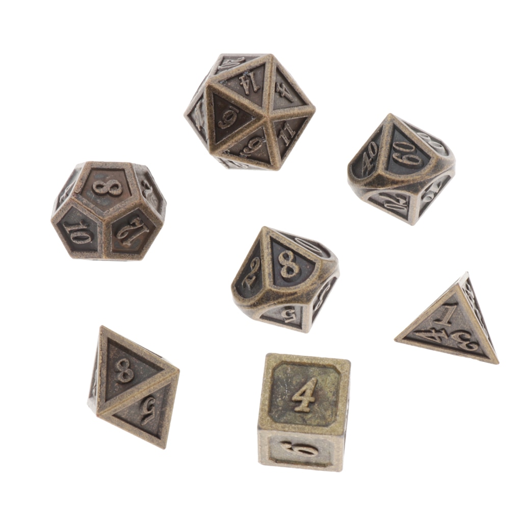 7x polyedriske metalterninger bronze i standardstørrelse til d&amp;d-spil i drageskala