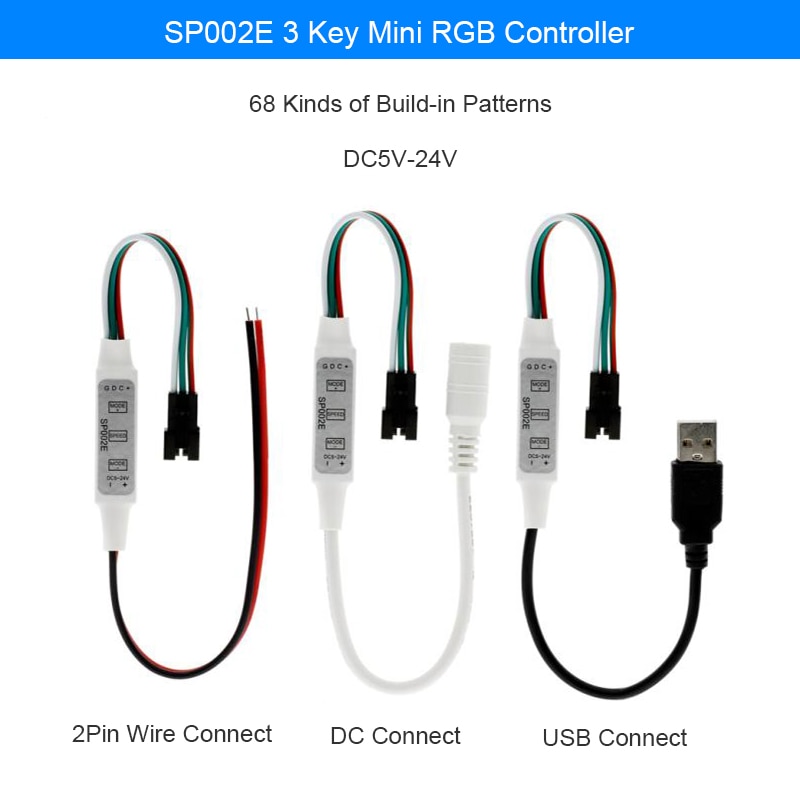 600px SP002E Mini 3Key Led Controller Usb Dc Sata Voor Rgb WS2812B UCS1903 SK6812 Adresseerbare Pixels Led Strip Verlichting DC5V-24V