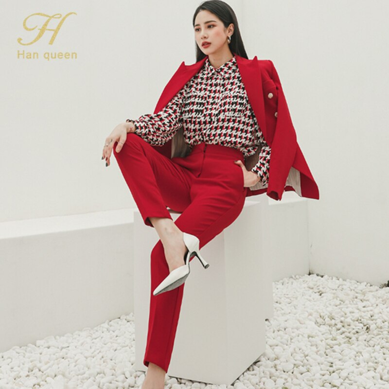 H han dronning kontor dame bukse dress dress rød 2 stykke sett til kvinner dobbelt breasted blazer & blyantbukser koreansk forretningssett høst
