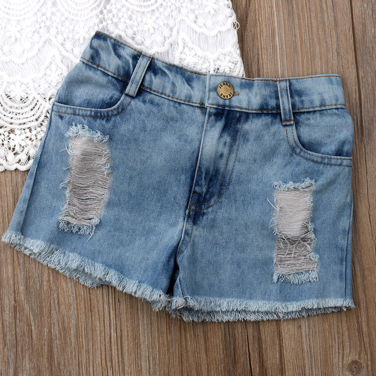 Peuter kinderkleding babymeisje zomer kant bloemen top denim korte broek outfit set 2 stuks zonnepak