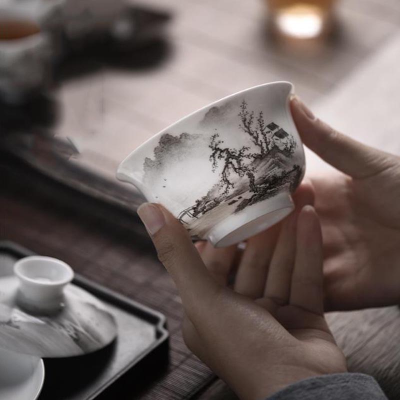 140 ml Jingdezhen Gaiwan Hand Geschilderd Landschap Patroon Porselein Drinkware Master Thee Kom Theeceremonie Decoratie Collectie