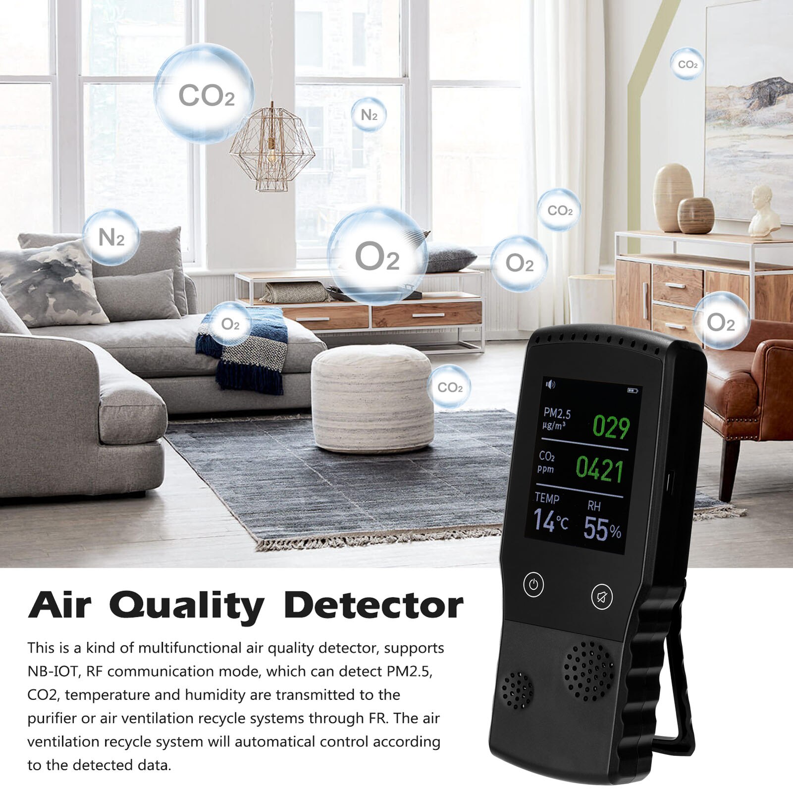 Air Detector CO2 Tester with Carbon Dioxide PM2.5 Value Electricity Quantity Temperature Humidity Display Function