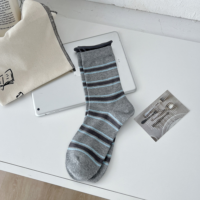 Calcetines largos de algodón para mujer, calcetines coreanos blancos transpirables de ocio para niñas, calcetines bordados para hombre, calcetines a rayas para primavera y verano para mujer: Plata