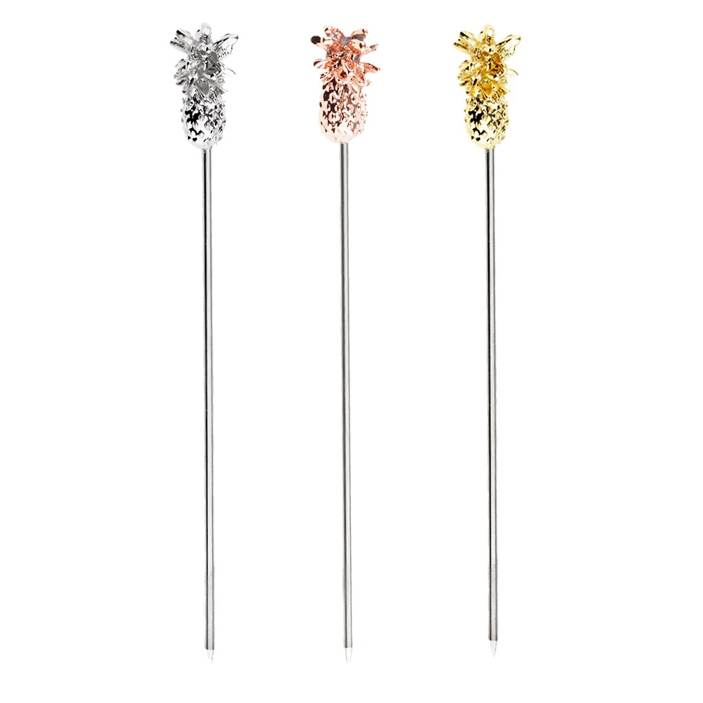 3PCS Stainless Steel Swizzle Sticks Fruit Pineapple Stick Cocktail Pick for Kitchen Bar Accessory Rose Gold
