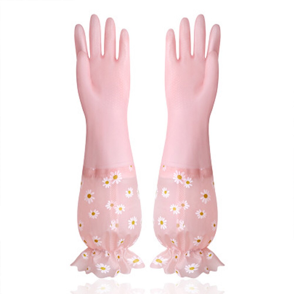 Daisy Dishwashing Clean Long Sleeve Gloves For Kitchen Dishes Clothes Cleaning Toliet Bathroom Housework Gloves: Pink 1 pair / L