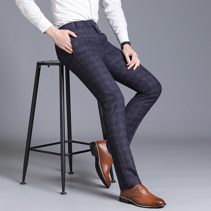 Business casual kostymbyxor för män randiga rutiga byxor maringrå byxor herr storlek 29-38