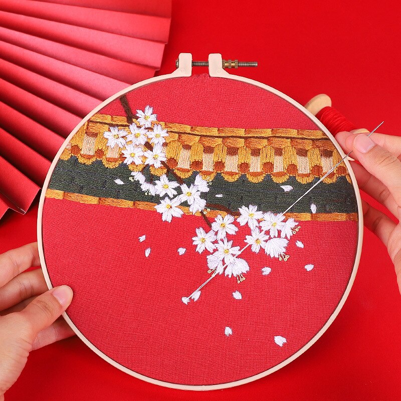 Chinese Flower Printed Embroidery kit with Hoop for Beginner Cross Stitch Needlework Swing Art Craft Painting Home Decor