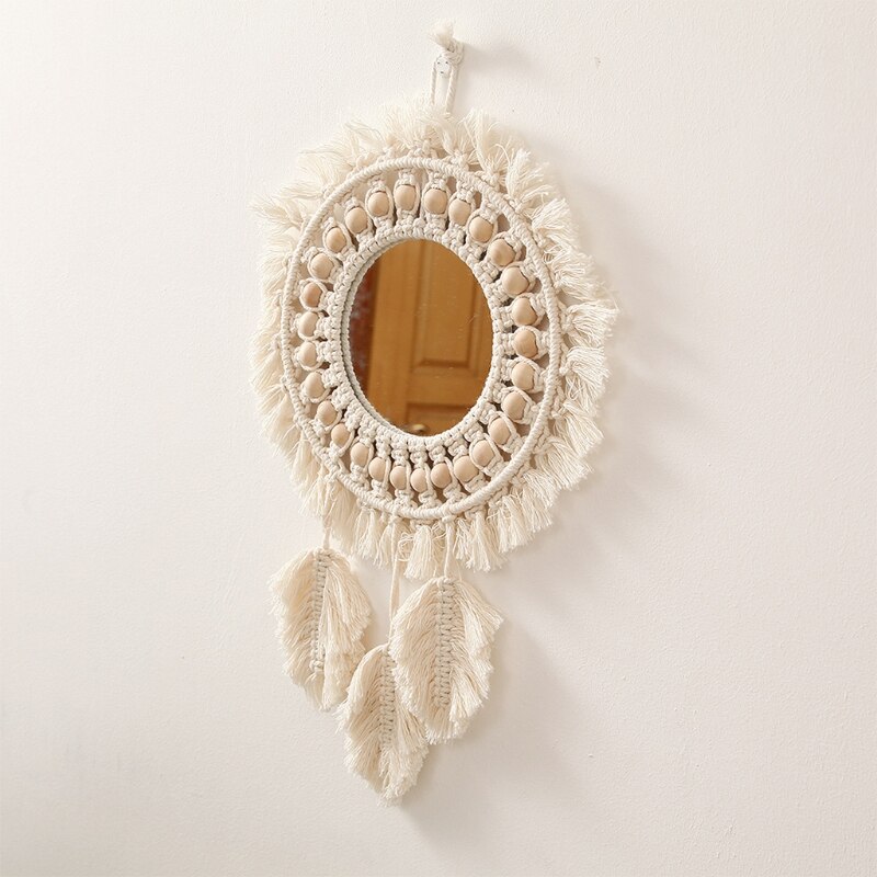 Woven Wall Hanging Mirror Boho Macrame Leaf Pendant Art Decoration for Apartment Living Room Bedroom Bathroom Baby Nursery