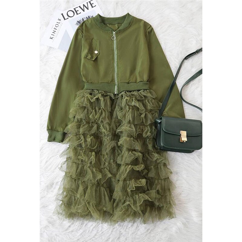 Women Jacket Solid Color Long Sleeve Womens Jackets Lace Ruffles Mesh Stitching Suit Overcoat Long Jackets: Green / M