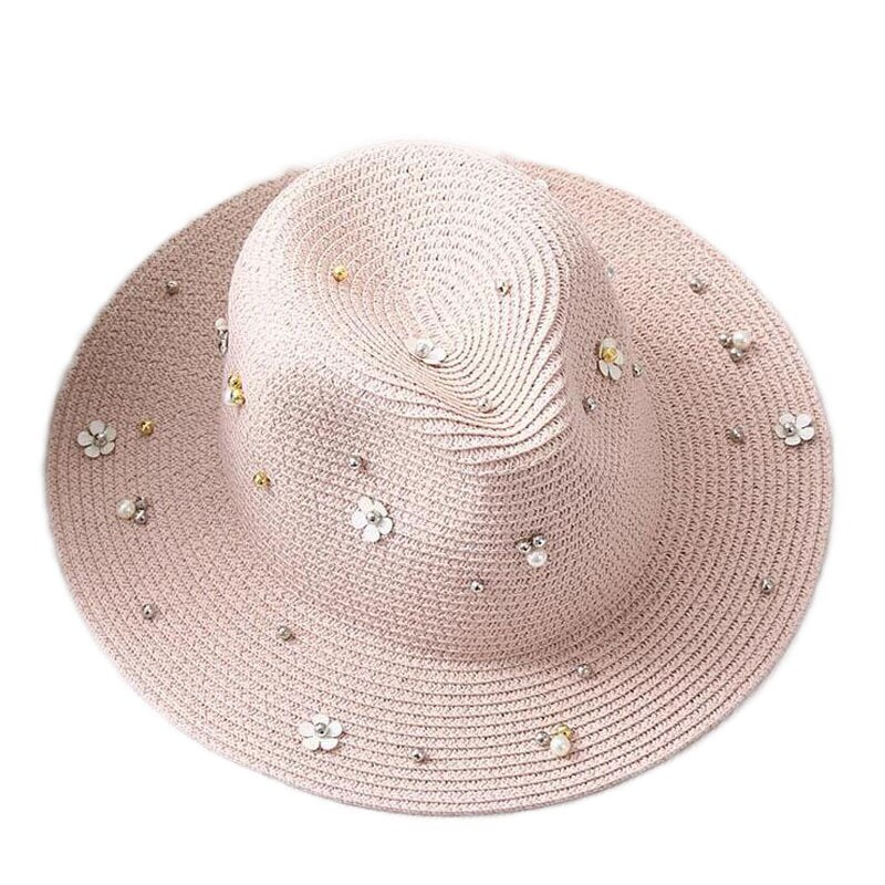 2018 Nuove Donne di Estate All'aperto Cappelli da Sole Solido Grande di Paglia Tesa Traspirante Cappello di Snapback Regolabile Della Perla di Modo Tappo Superiore Per della signora