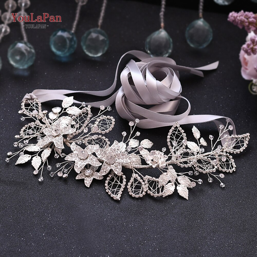 YouLaPan SH282 Rhinestone Belt Silver Diamond Belt Women’s Dress Belt Bridesmaid Dresses Belt Sparkly Belt Floral Bridal Belt: Gray ribbon