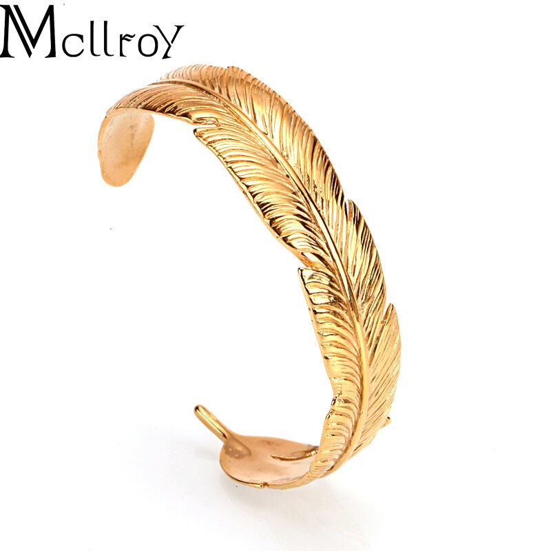 Mcllroy Charm Gold Feather Bangle Men Women 316L Stainless Steel Opening Cuff Bracelets Bangles Adjusted Couple Jewelry