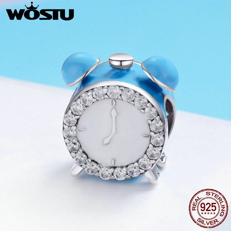 WOSTU Echt 925 Sterling Zilver De Wekker, blue Enamel CZ Charm fit Kralen Armband Bangles DIY Sieraden FIC659