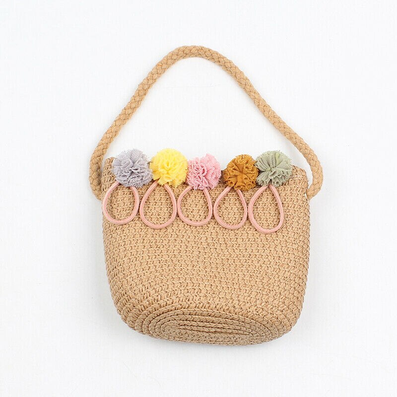Nyeste baby piger boheme stil rattan strå taske vævet rund håndtaske blomst crossbody messenger tasker strand sommer tasker: Lysebrun