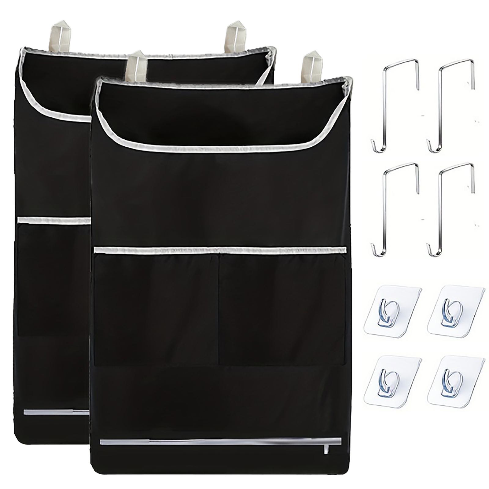 Deurhangende wasmandzak, hangende wasmand met grote opening en 2 soorten haken voor vuile familiekleding: Black