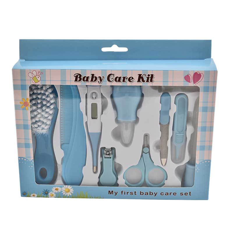 Ensemble de ciseaux à ongles multifonctions pour bébé et enfant, ensemble de 10 pièces, thermomètre, brosse de toilettage, Kit d'articles de soins de santé pour cheveux: blue