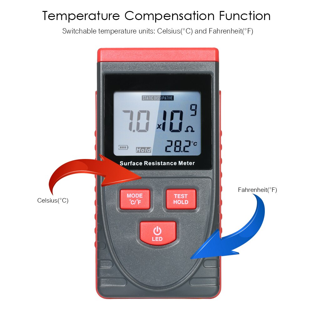 Handheld Surface Resistance Meter Anti-static Insulation Resistance Tester with LCD display Temperature Measurement