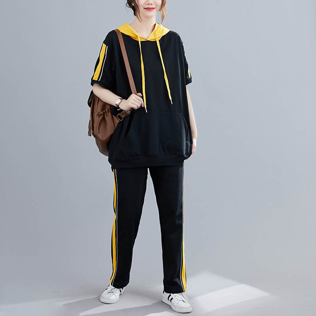 Traje deportivo de talla grande para mujer, traje holgado a rayas con capucha, 150cm, 150cm, 6XL, 7XL, 8XL, 9XL, conjuntos informales de Color negro en contraste: 8xl