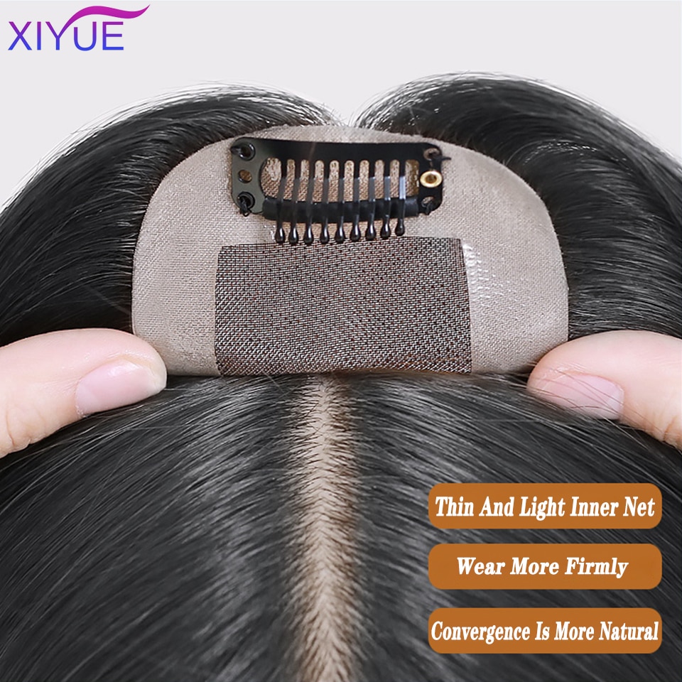 XIYUE Center frange haut cheveux pièces avec frange fait à la main demi-tête perruque droite naturel Invisible remplacement synthétique cheveux pièce