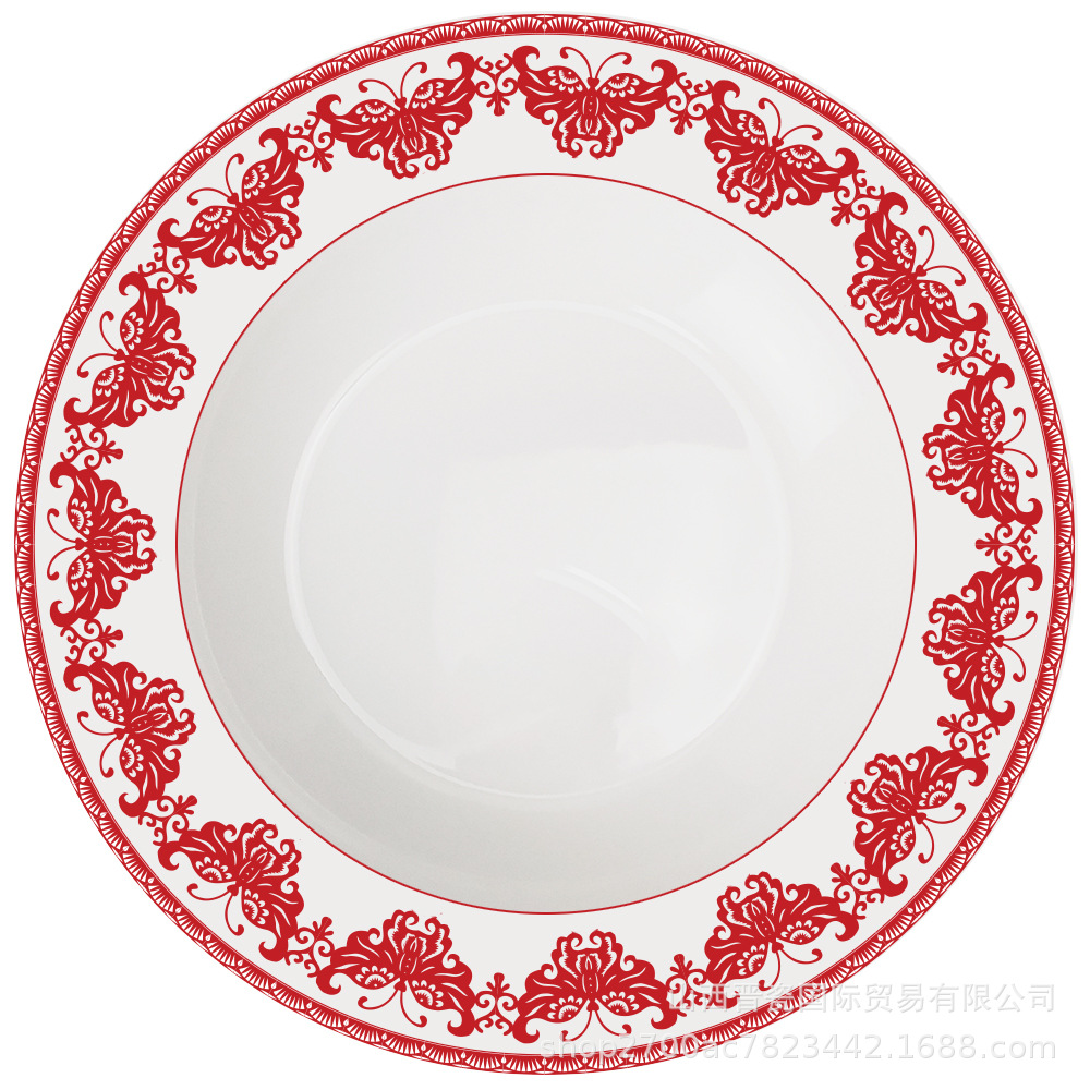 Chinese Plate Set Butterfly paper-cut bone china tableware set household fruit plate dessert tableware: 8-inch soup plate