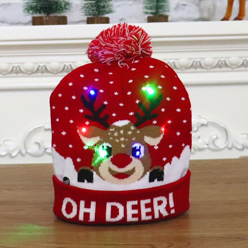 2022Christmas Hats Sweater Elk Knitted Beanie Hat With LED Light Up Cartoon Patteren Christmas Year Decoration navidad: A