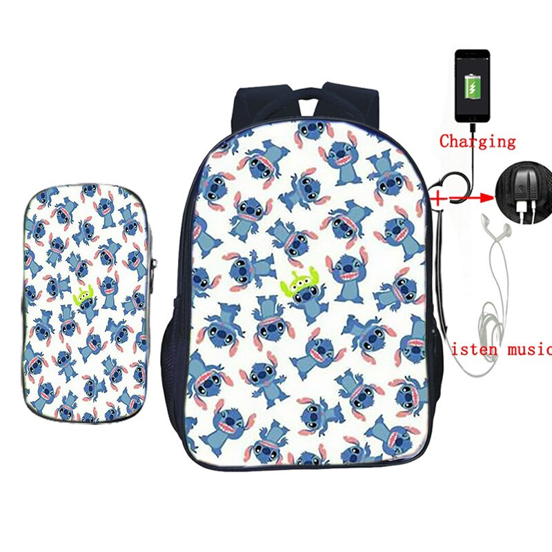 USB Opladen Rugzak Jongens Meisjes Stitch Gedrukt Rugzak Schooltassen met Etui 2 stks/set Casual Reizen Shouler Rugzak: 9