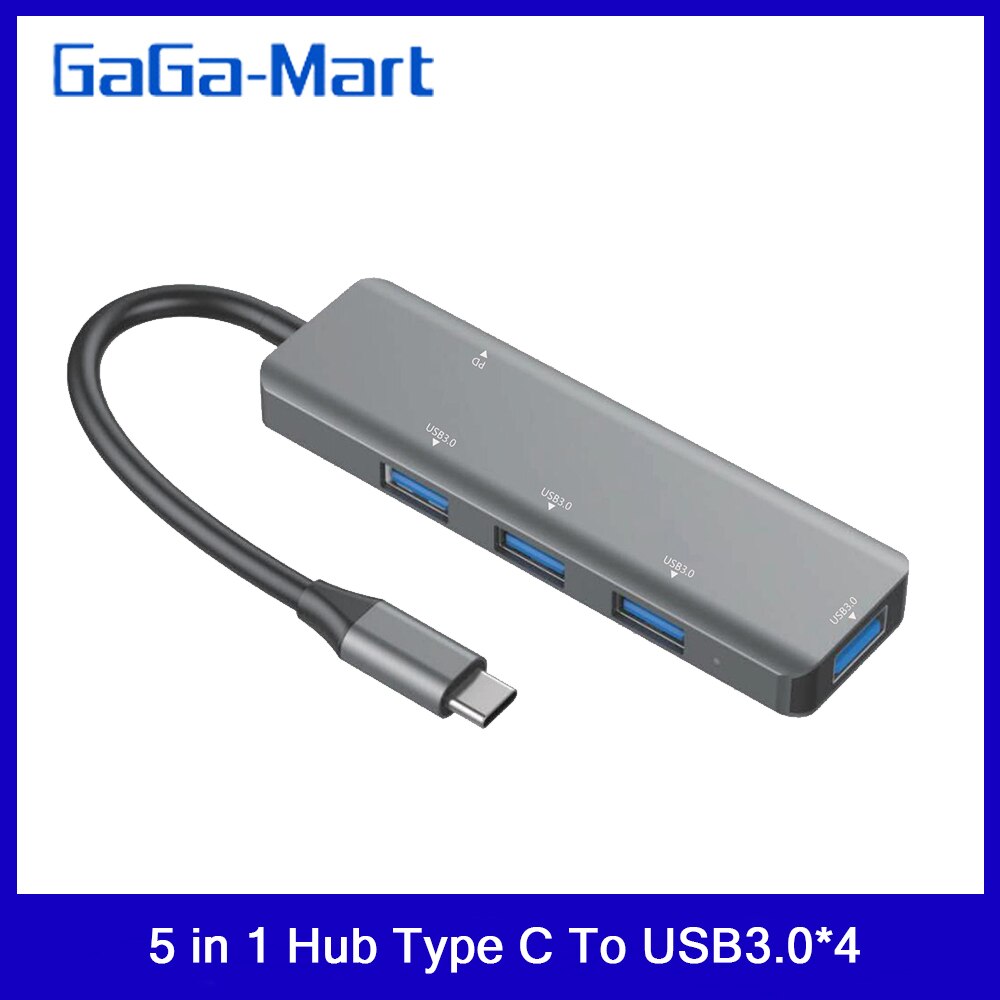 T508 5 in 1 Hub Typ C Zu USB3.0 * 4 + PD Intelligente USB Hub Multi-Hafen Adapter für Laptop Computer Handys Grau