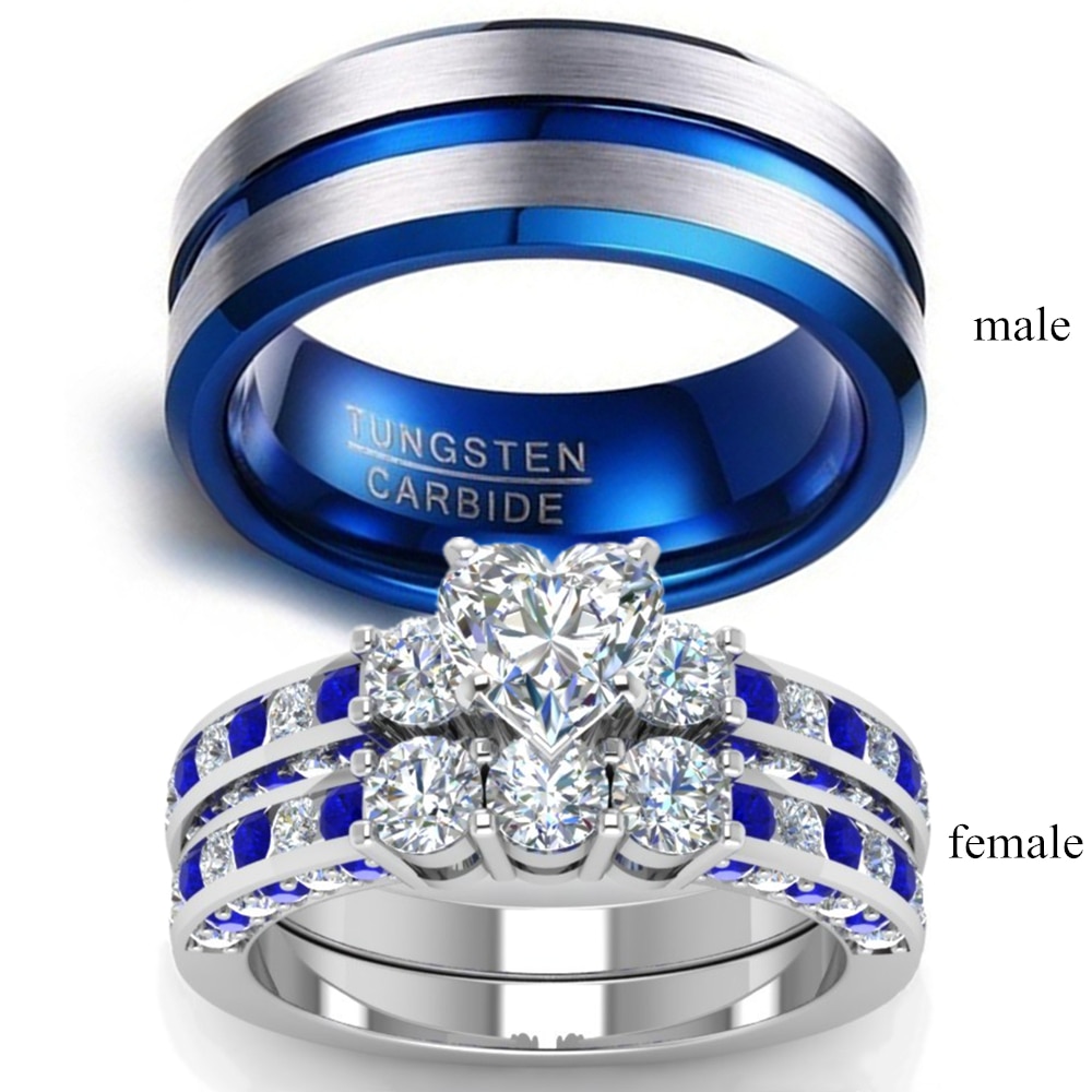 Parringar - män& #39 ; s 8mm blå rostfria stee ring dam & #39 ;s blå ring 2.0ct hjärta kristall bröllopsförlovningssmycken