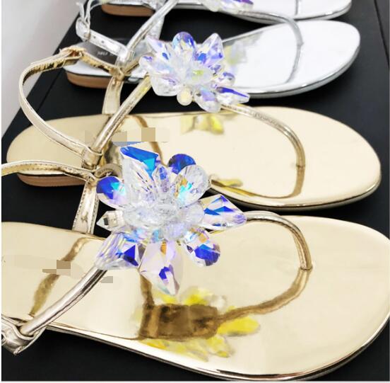 crystal Women flat sandals Rhinestone flat sandals women Summer beach flip flops sandals T strap flat crystal sandal woman beach