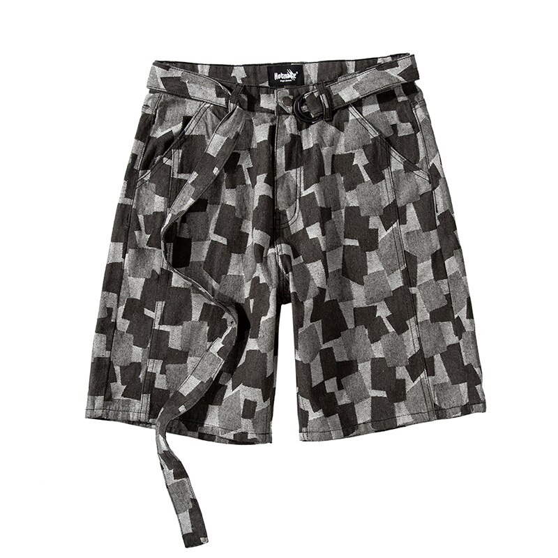 Blå tvättade rutiga jeansshorts hip hip streetwear rutigt jeanskort för män skärp lösa fritidsbyxor herr
