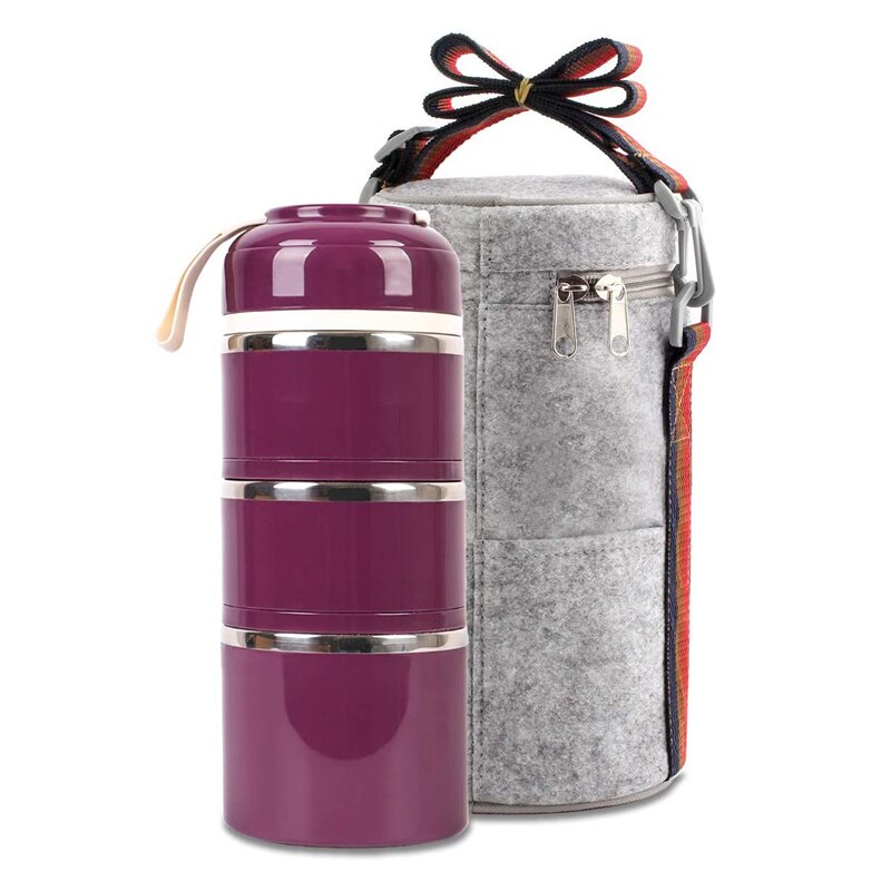 3 Tier Stainless Steel Lunchbox Insulation Food Soup Container Lunch Box Bag Portable Outdoor Bento Leak-Proof Kitchen 3 Layer: Purple