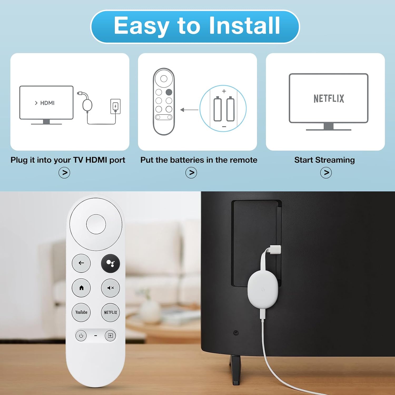 Télécommande vocale compatible avec Google Dnomecast 4k Snow G9N9N/GA01409-US/GA01919-US/GA01920-US/revenu 01923/revenu 02463/revenu 02464