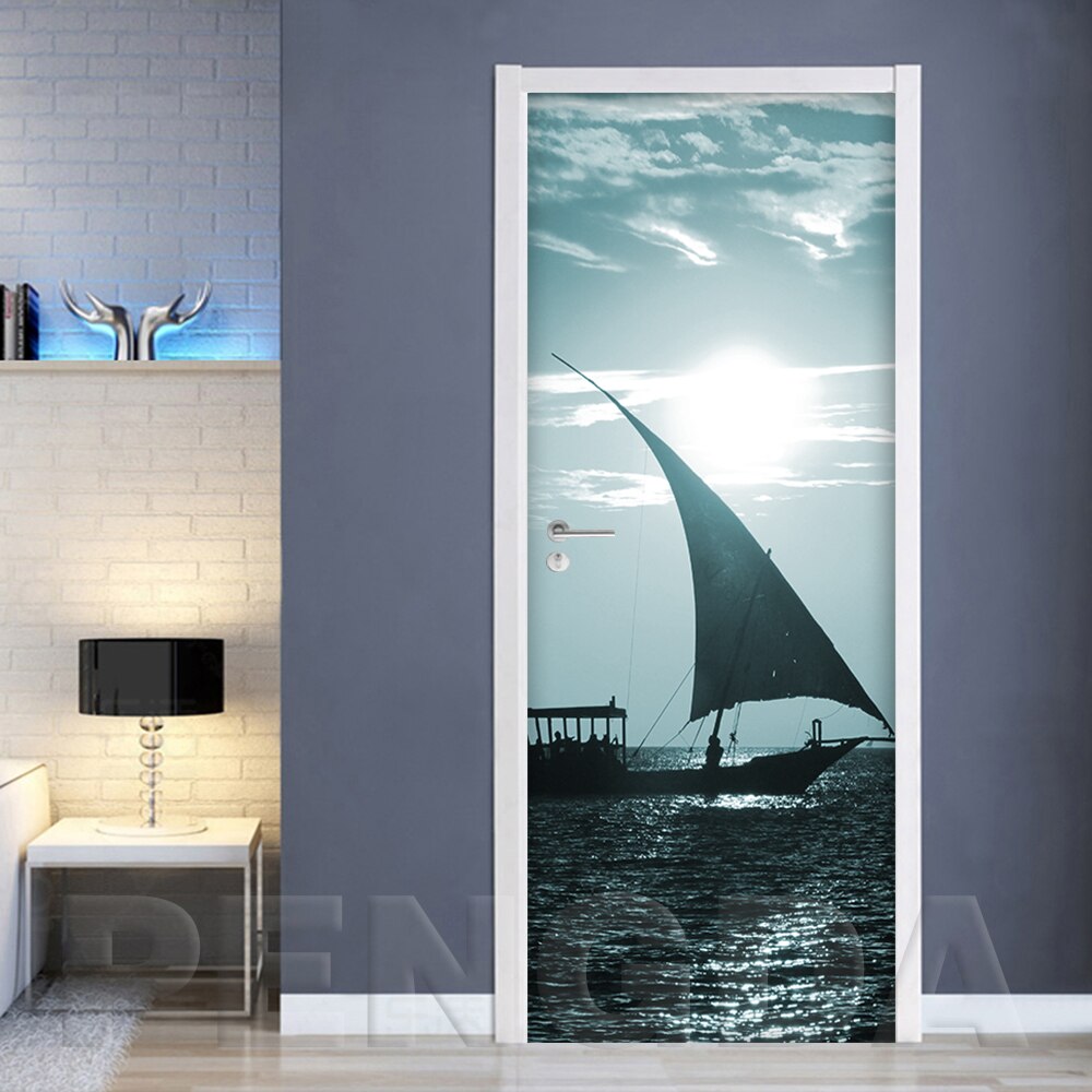 3d tryck klistermärke konstverk segelbåt havsutsikt bild självhäftande dekal heminredning vattentätt papper vardagsrumsdörr affisch: Dörr xjnn 5789-03 / 77 x 200cm