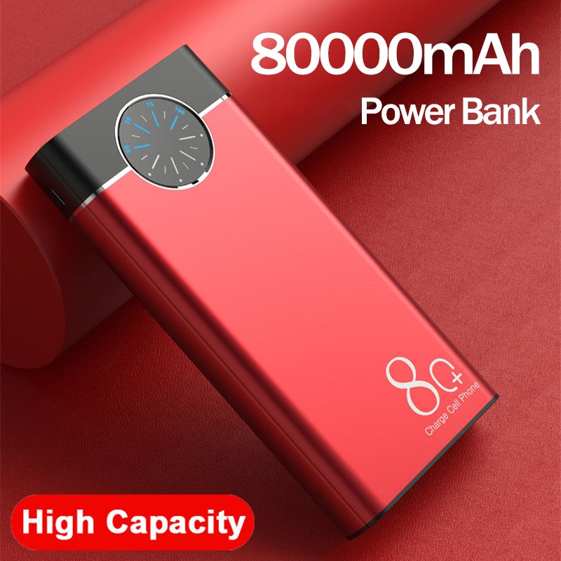 80000Mah Power Bank Grote Capaciteit Draagbare Telefoon Oplader Horloge Digitale Display Led Outdoor Reizen Voor Smartphones Powerbank