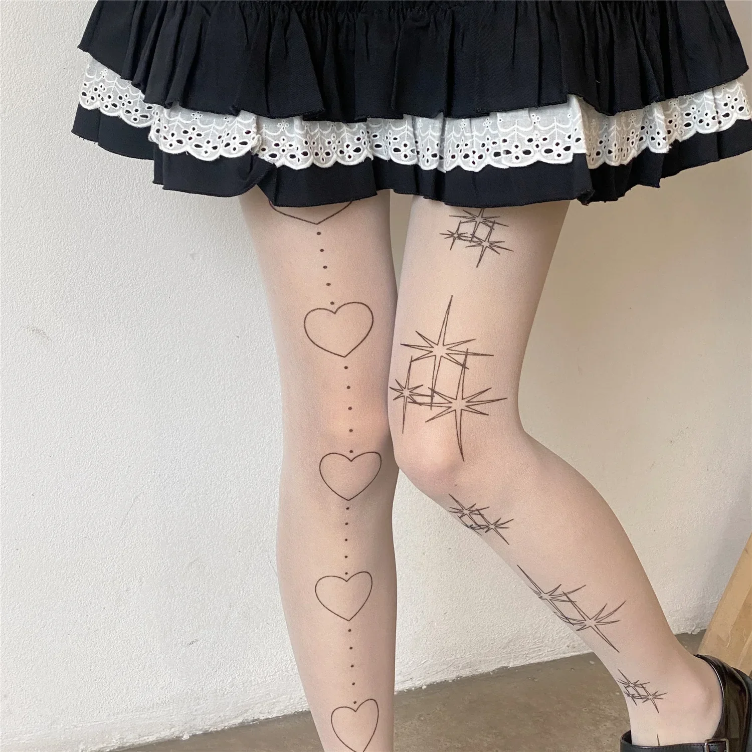 Star Heart Lolita Socks Tattoo Print Pantyhose Fishnet Stockings Kitty Cat Japanese JK Tights Gothic Cosplay Lace Black Tights