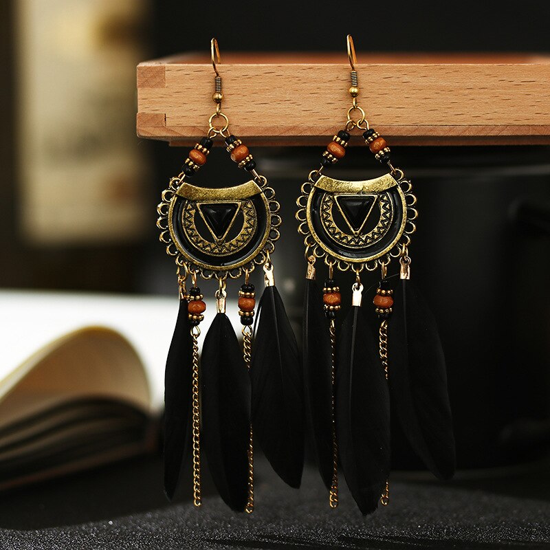 Pendientes colgantes de plumas bohemios para mujer, aretes largos de cuentas con borlas, joyería para , banquete,: E1511-6