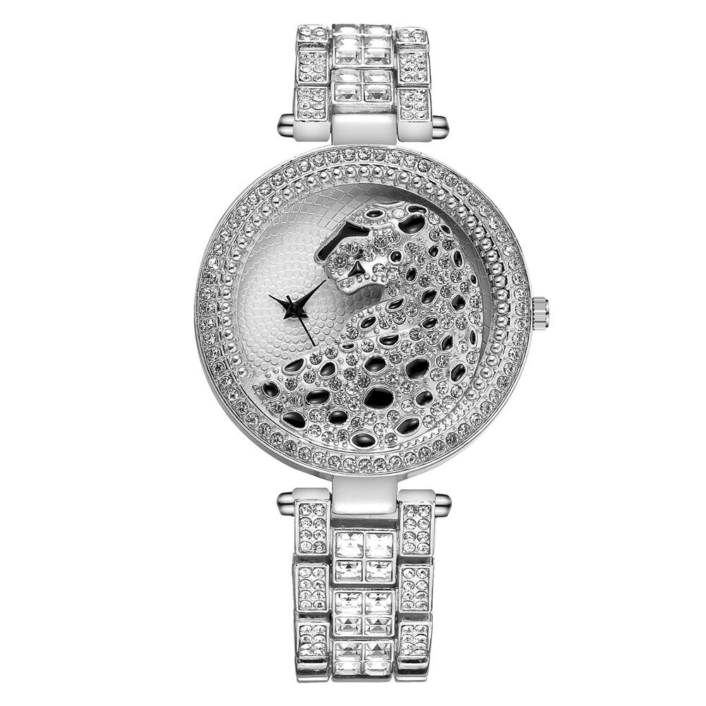Femmes Rose Or Montre Léopard De Luxe Bling Dames Montre Décontracté Femme Montre À Quartz Cristal Diamant Pour Femmes Horloge: silver
