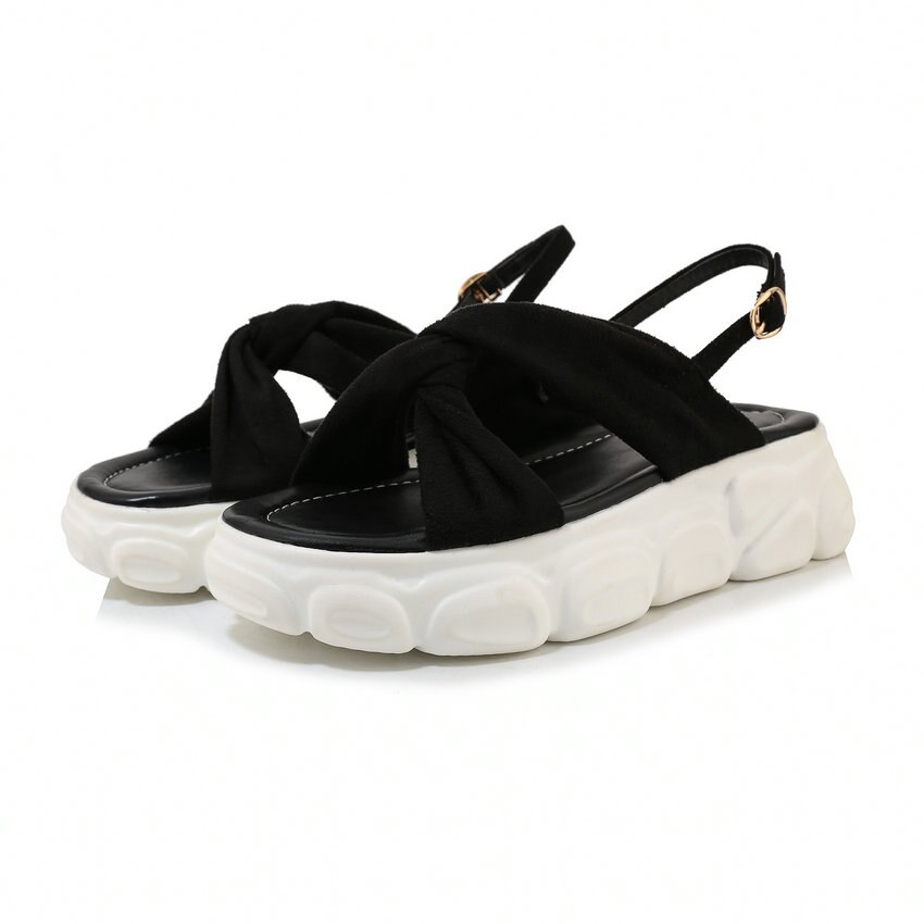 Qutaa rygstrop platform kvinder sko kilehæl spænde sandaler åndbar flock sommer dame pumps stor størrelse 34-43: Sort / 8