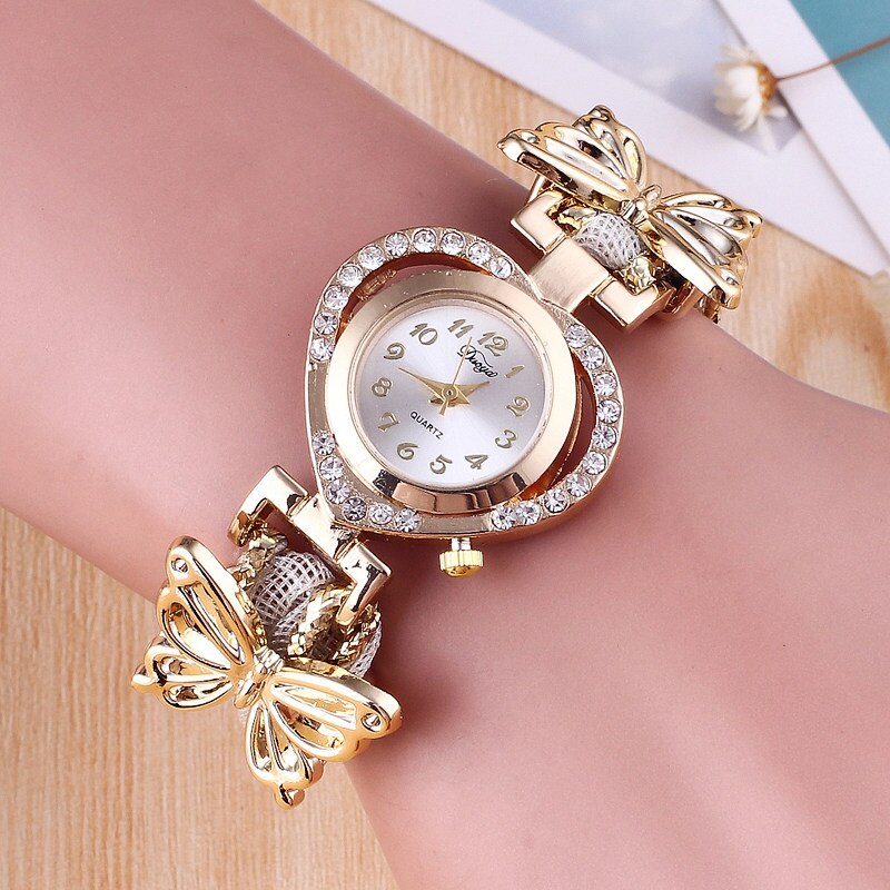 Hesiod Vrouwen Horloge Dames Hart Dial Horloge Klok Vrouwelijke Roestvrij Goud Kleur Vlinder Armband Horloge: white