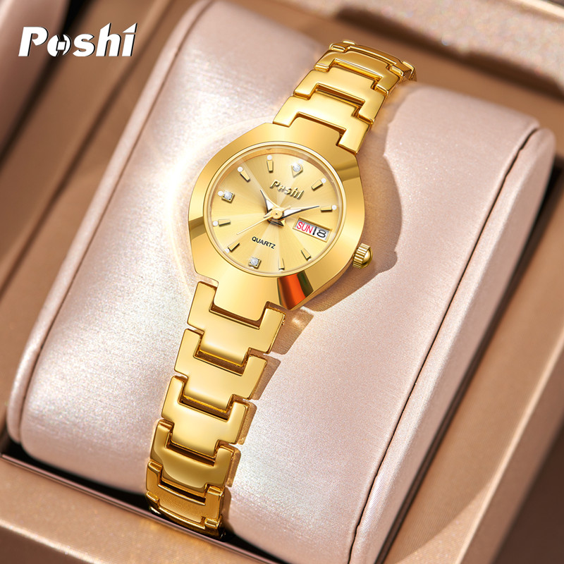 Swiss poshi women's watch, stainless steel, simple, waterproof, luminous with date, week, quartz watch, elegant bracelet as