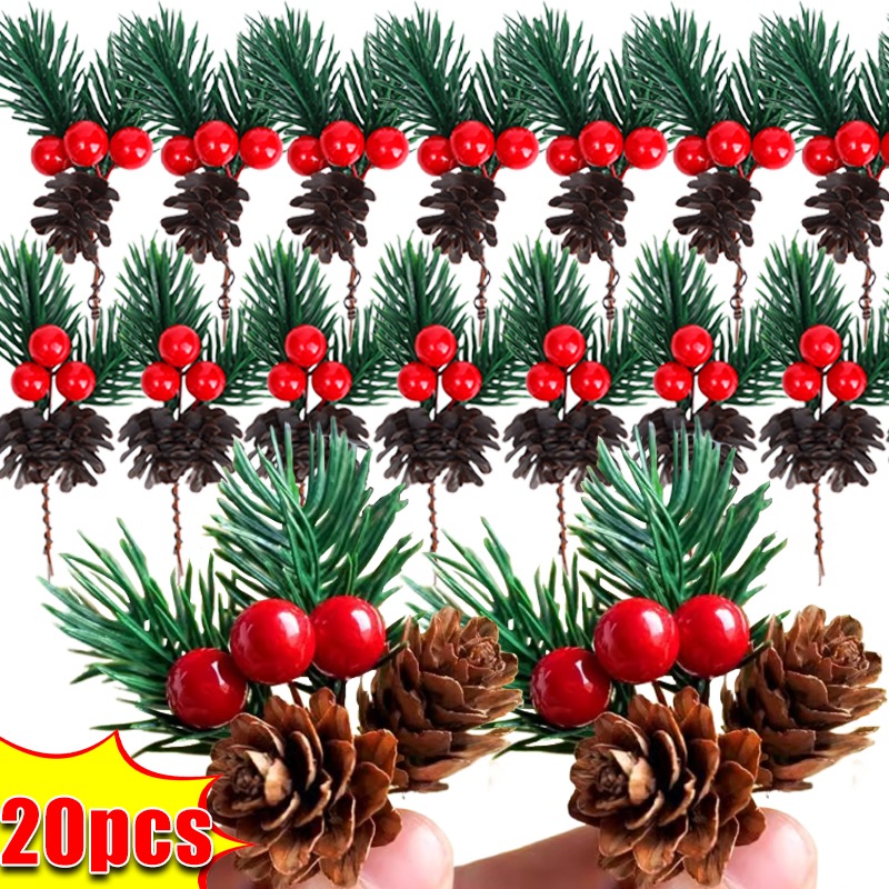 Artificial Pine Needle Berry Branch Pinecone Christmas Ornament DIY Xmas Tree Wreath Decorations Year Party Decors Supplies