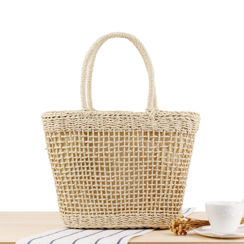 Handgemaakte dames handtas bohemian holle strozak geweven zomer strandtassen dames mesh tas net tas mand tas: Beige voering handtas
