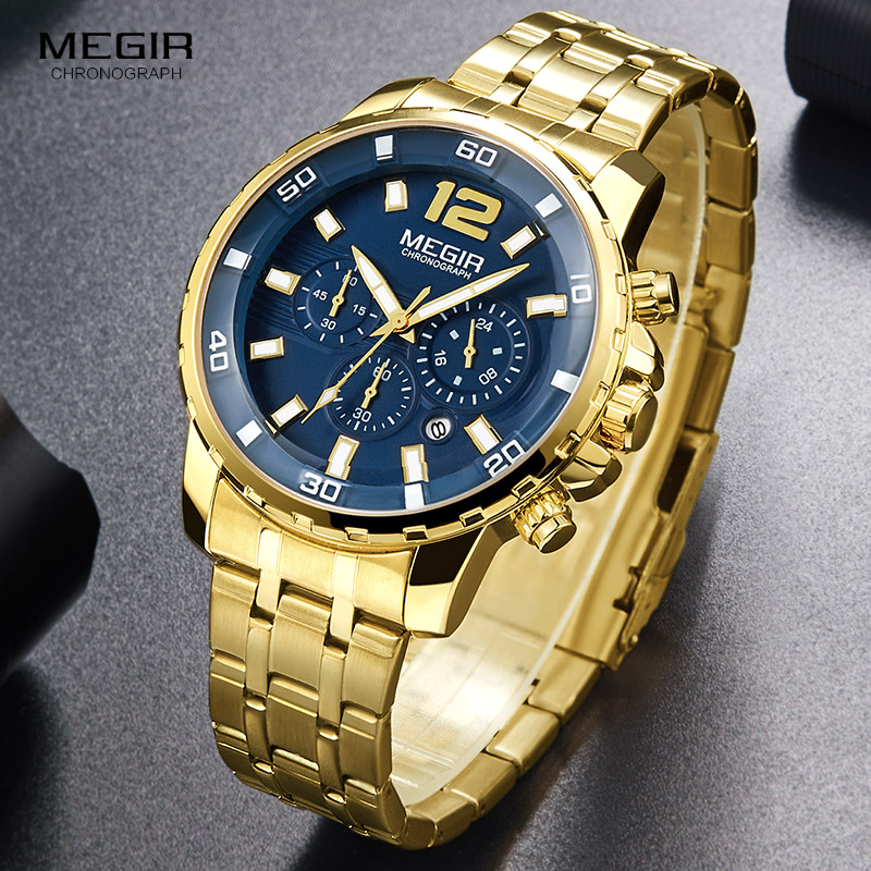 Megir Mannen Goud Rvs Quartz Horloges Business Chronograaf Analgue Horloge Voor Man Waterdichte Lichtgevende 2068GGD-2N3